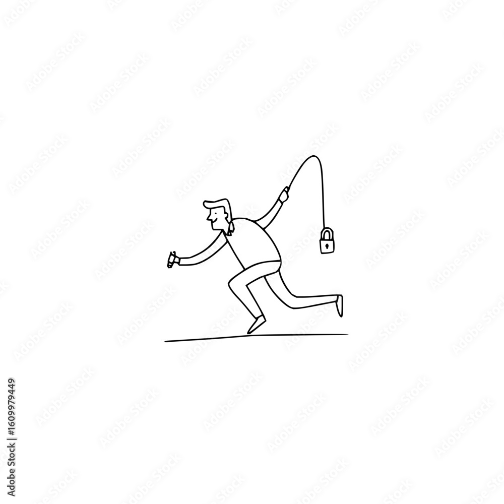 Poster data security tech man running with lock and smartphone for cyber security information technology co