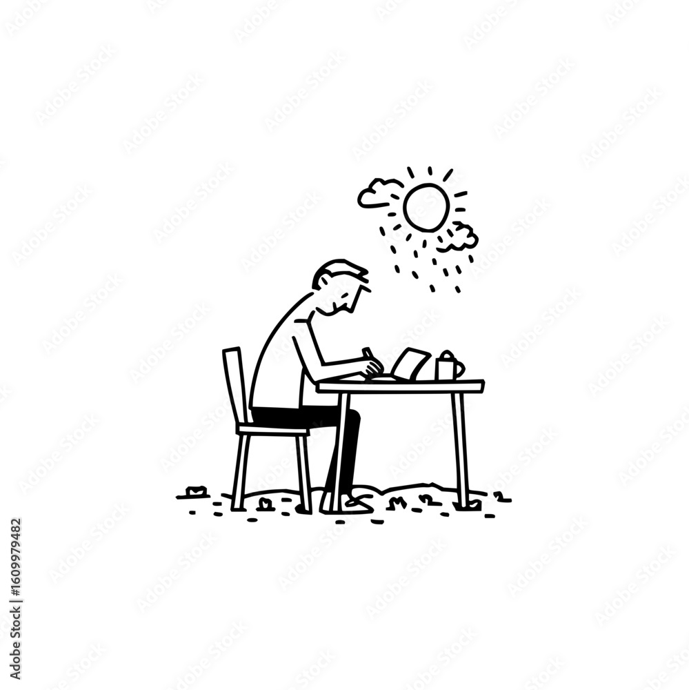 Poster tech writer working on laptop with cloud computing and sunshine concept vector illustration
