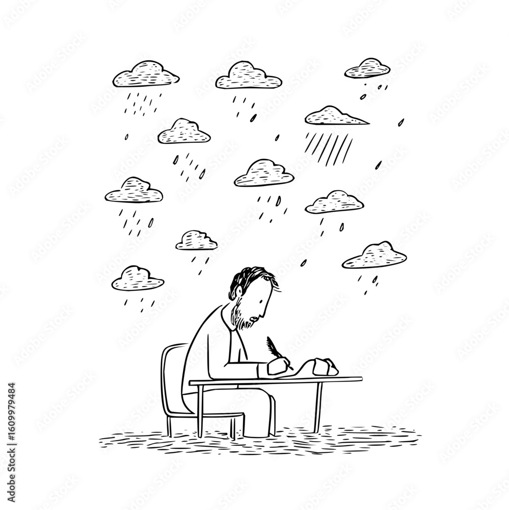 Poster technology writer blogging about cloud computing and ai with a pen under the rain of data science