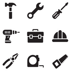A set of construction and repair tools, including a hammer, wrench, screwdriver, drill, toolbox, helmet, pliers, tape measure, and saw, all rendered as minimalist icons isolated on white background