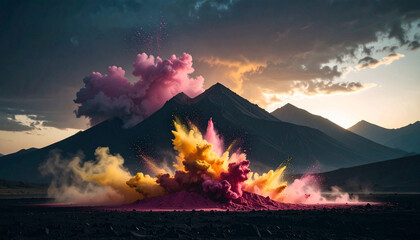 Fototapeta premium Holi Powder Explosion on Black Surface. Indian Holi Festival Concept. Generated Image