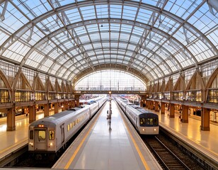 Grand train station interior, arched glass roof