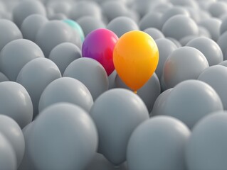 Colorful Balloons Stand Out Among Gray Spheres in Abstract Scene