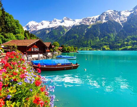 Alpine lake village with colorful flowers and snow-capped mountains