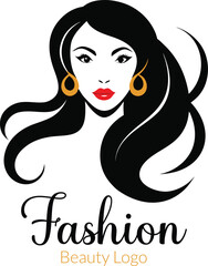 Elegant illustration of a stylish woman with flowing black hair red lips and gold hoop earrings accompanied by the word fashion