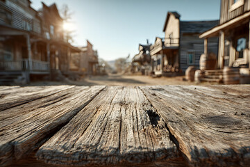 Empty wooden table foreground with sunlit old western town street background, rustic wooden buildings, and bright morning sunlight
