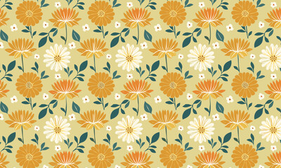 Retro Autumn Floral Pattern with Chrysanthemum and Daisy