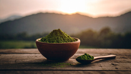 Single Holi Color Bowl with Wooden Spoon. Indian Holi Festival Concept. Generated Image