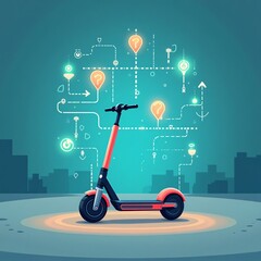 Electric scooter with network diagram in urban setting