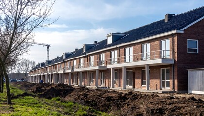 Row of new brick townhouses under construction, with visible patios and a crane in the background