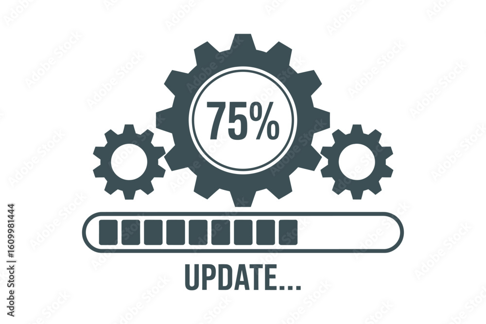 Poster dynamic progress bar with gears and 75% completion indicator signals system update in progress, repr