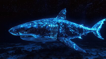 Fototapeta premium A luminous shark in a dark underwater scene.