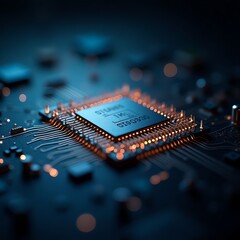 Microchip on circuit board close-up detailed electronic components