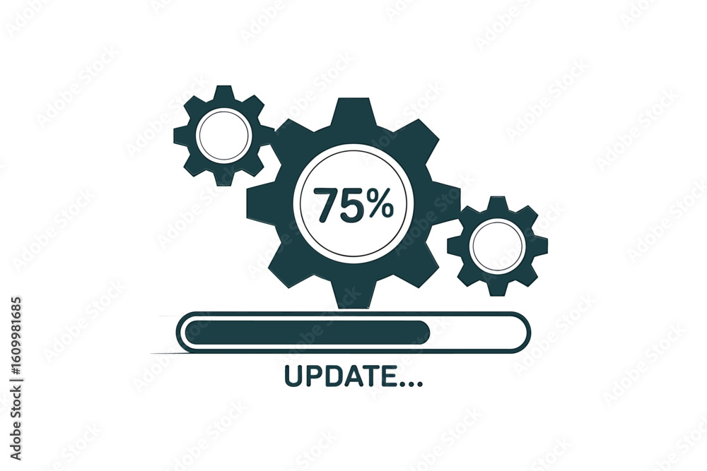 Poster dynamic progress bar with spinning gears and 75% completion indicating an important system update, s
