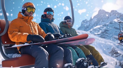 Three Enthusiastic Snowboarders Enjoying Scenic
