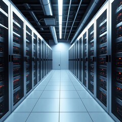 Server room interior with rows of equipment and bright lighting