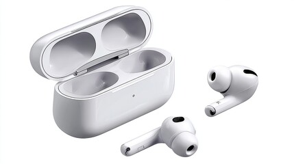 White wireless earbuds in charging case, open, showing individual earbuds