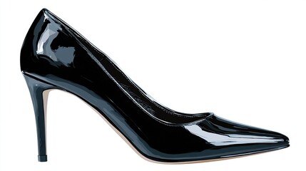A single, sleek black patent leather stiletto pump with a pointed toe and a classic silhouette, shown in profile against a white background
