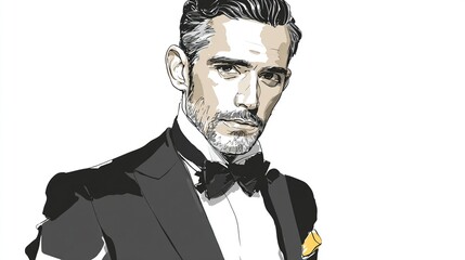 Elegantly dressed man in tuxedo with bow tie and pocket square against white background