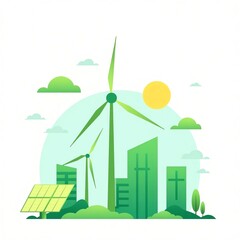 Sustainable city skyline with wind turbines and solar panels