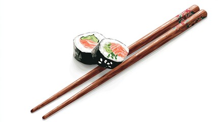 A pair of wooden chopsticks rests over two sushi rolls, each with salmon, cucumber, and seaweed