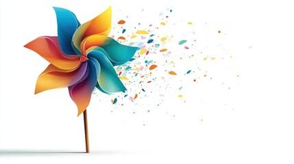 A brightly colored pinwheel, in rainbow hues, partly dissolving into colorful fragments on a white background