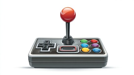 A graphic illustration of a retro gaming controller with a joystick, buttons, and a d-pad, isolated on white