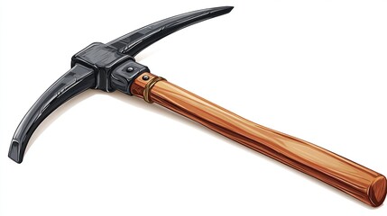 A detailed illustration shows a pickaxe with a black head and a long, wooden handle against white