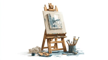 A wooden easel holds a canvas with a partially painted abstract work, surrounded by art supplies