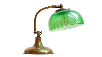 Antique brass desk lamp with green glass shade, softly illuminated, on white