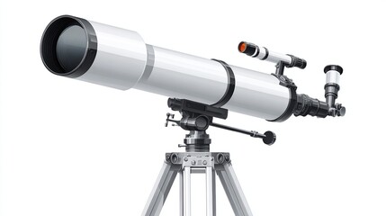 White astronomical telescope angled upward on a tripod against a white background