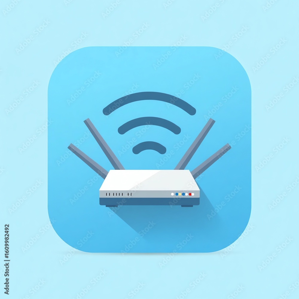 Poster wireless router icon with signal waves on blue background