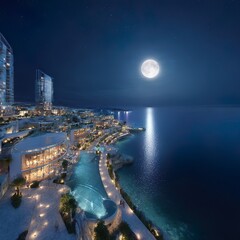 Fototapeta premium A casino of lebanon by night time, in 2050, with full moon reflecting on the sea next to it