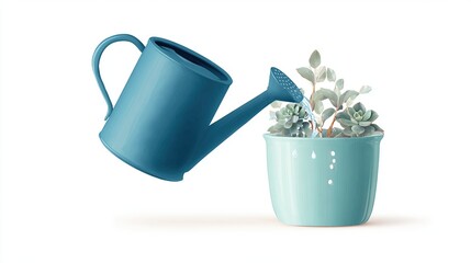 Watering succulents blue can nourishes plants in a pot with leaves