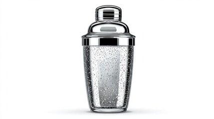 Clear cocktail shaker filled, liquid bubbles against plain, bright background.