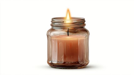 A lit candle in a glass jar against white. The amber wax is visible, with a prominent orange flame