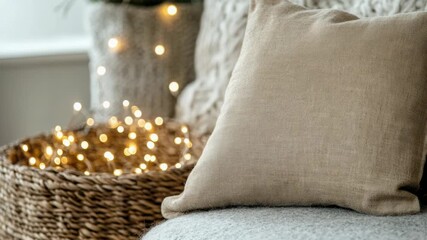 A soft pillow rests beside a festive basket filled with twinkling Christmas lights - Powered by Adobe