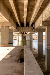 A wide concrete structure with steel beams under a large urban highway bridge, with soft shadows and an industrial atmosphere.
