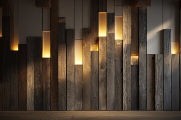 Vertical natural wood wall panels with hidden backlighting in soft glow.