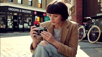 A stylish woman examining a vintage camera.