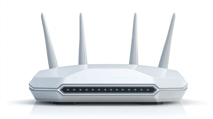 Gleaming white Wi-Fi router with four antennas and soft blue indicator lights