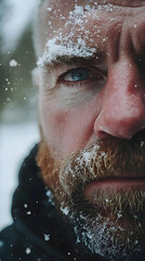 Winter s embrace a half portrait of a man weathered by snow with striking blue eyes and a red beard close up outdoors in