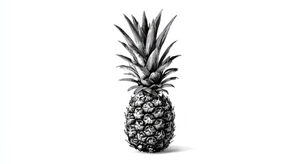 Detailed grayscale drawing of a pineapple, standing upright against a plain white background.  Its scales and leaves are sharply defined, exhibiting a textured, realistic appearance