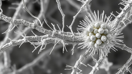 Obraz premium SEM of cable bacteria dissimilating metals: 1. [Action] Metal ion consumption along filaments 2. [Detail] Sulfur granules forming at cell junctions 3. [Style] Metallic surface texture with depth map