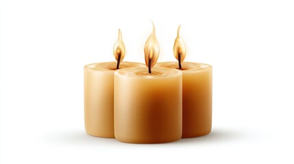 Three lit, short, beige candles stand on a white surface, with flames flickering, creating a warm glow