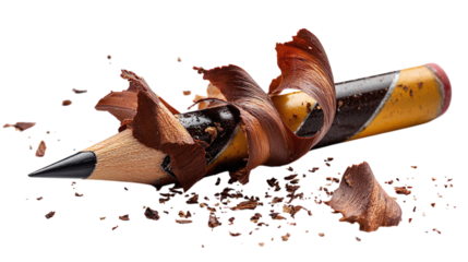 Sharpener shaving pencil with curled shavings around isolated on transparent background 