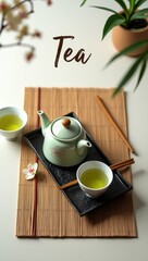 Zen Tea Ritual: Traditional Asian Tea Set on Bamboo Mat