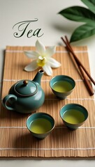 Zen Tea Ritual: Traditional Asian Tea Set on Bamboo Mat