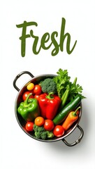 Fresh Harvest: Vibrant Veggies in a Colander on Crisp White