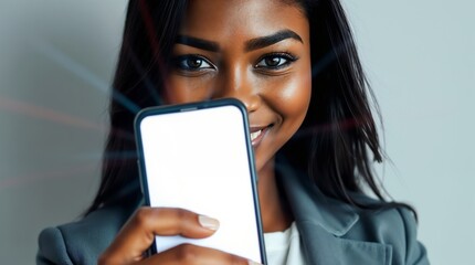 Smiling Businesswomen Showing Blank Smartphone Screen for App or Advertisement Mockup